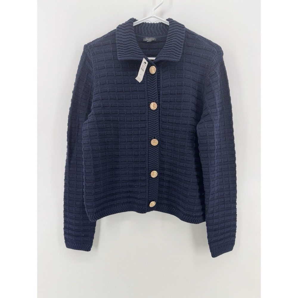 Talbots Textured Polo Cardigan Navy Size Medium Button Up NWT